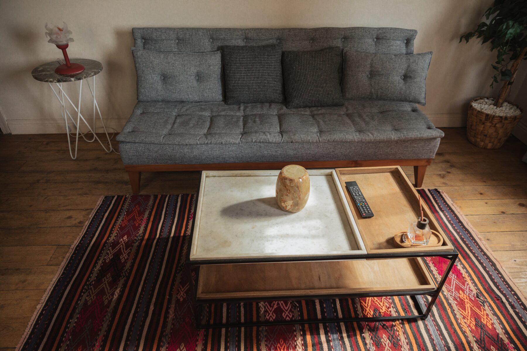 Living room design with bohemian floor rug