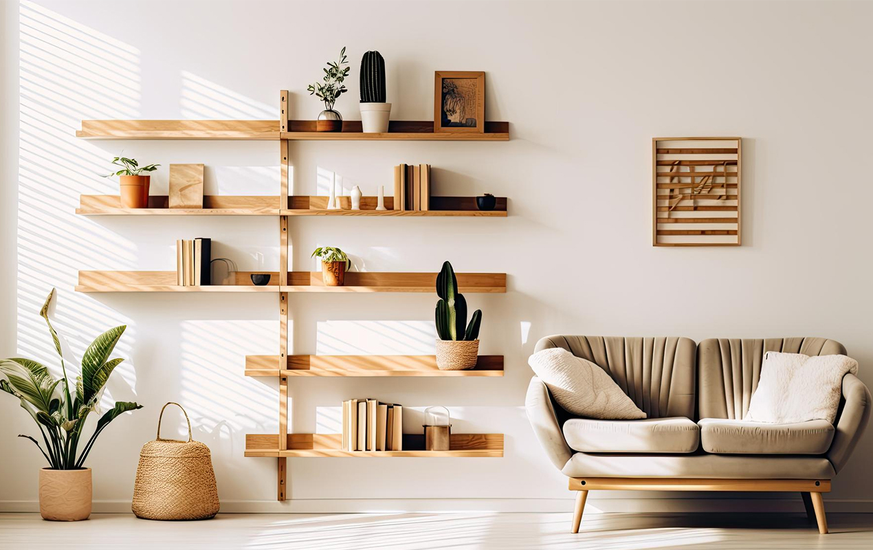 Minimalist interior with open shelf accent wall