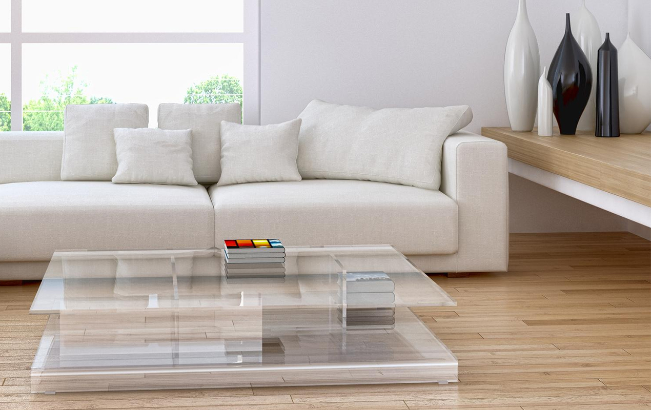 Living room white sofa wooden floor low coffee table
