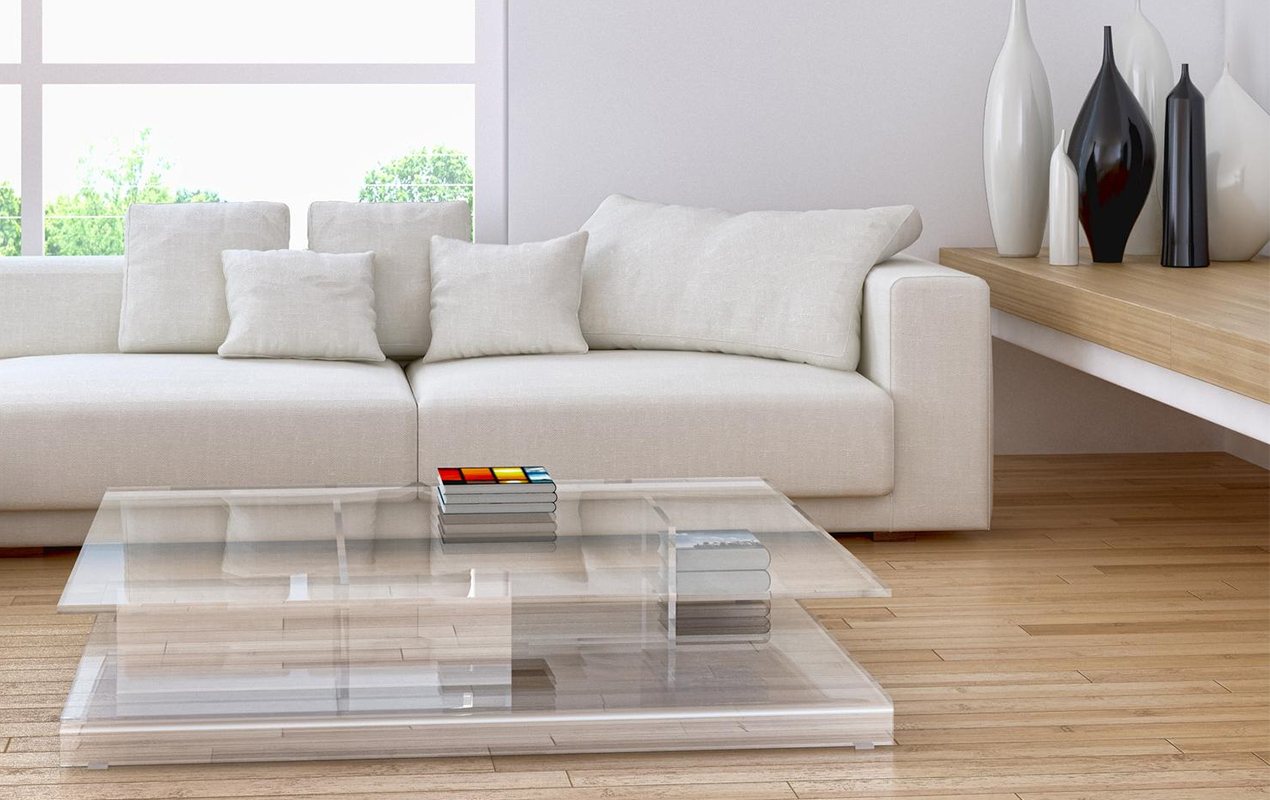 Living room white sofa wooden floor low coffee table