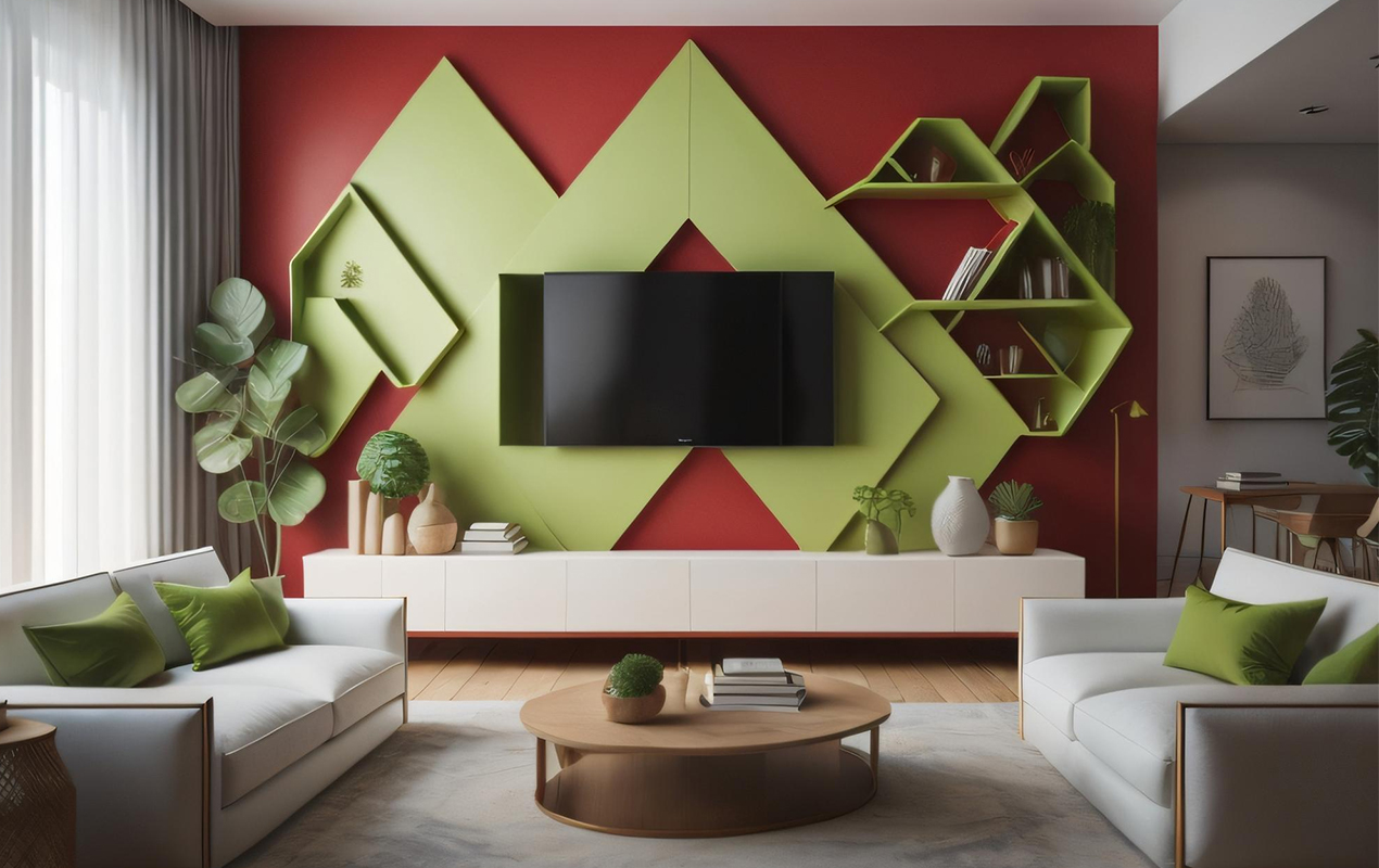 Modern living room furnished with bookshelf with green red walls