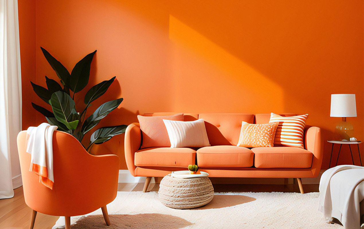 Modern orange living room interior with orange sofa coffee table plants