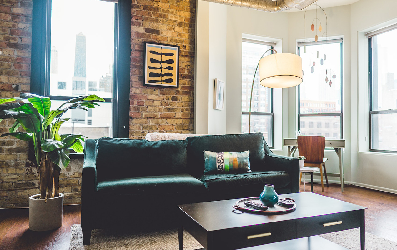 Rustic living room with brick interior wall