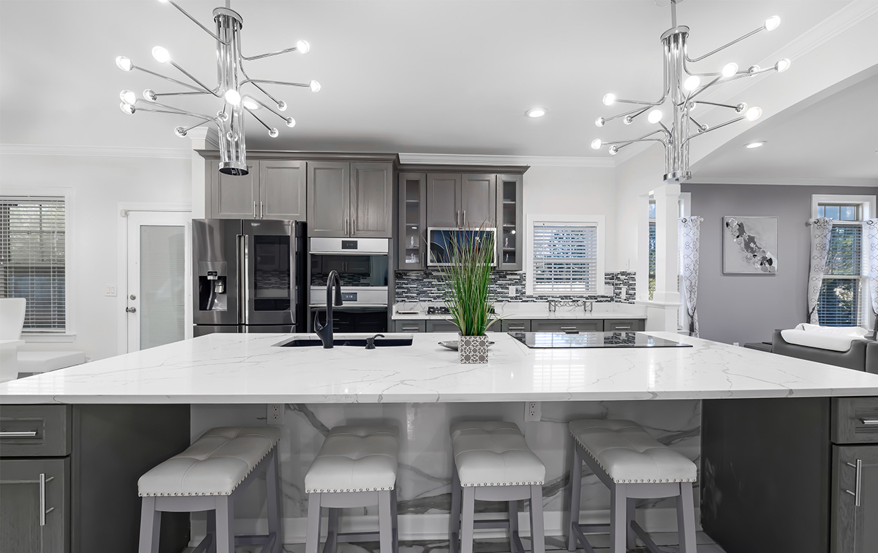 Large marble kitchen island by DeCasa Collections