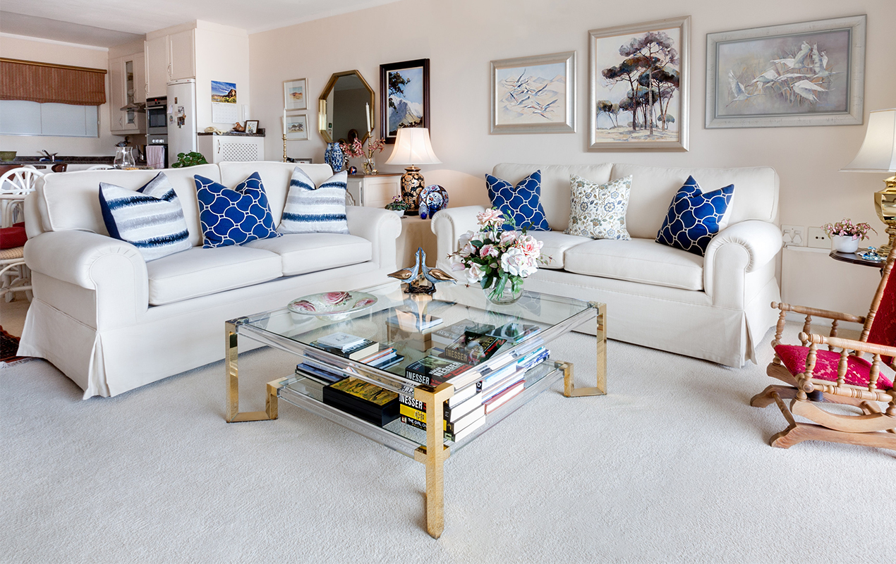 Living room sofa blue cushions