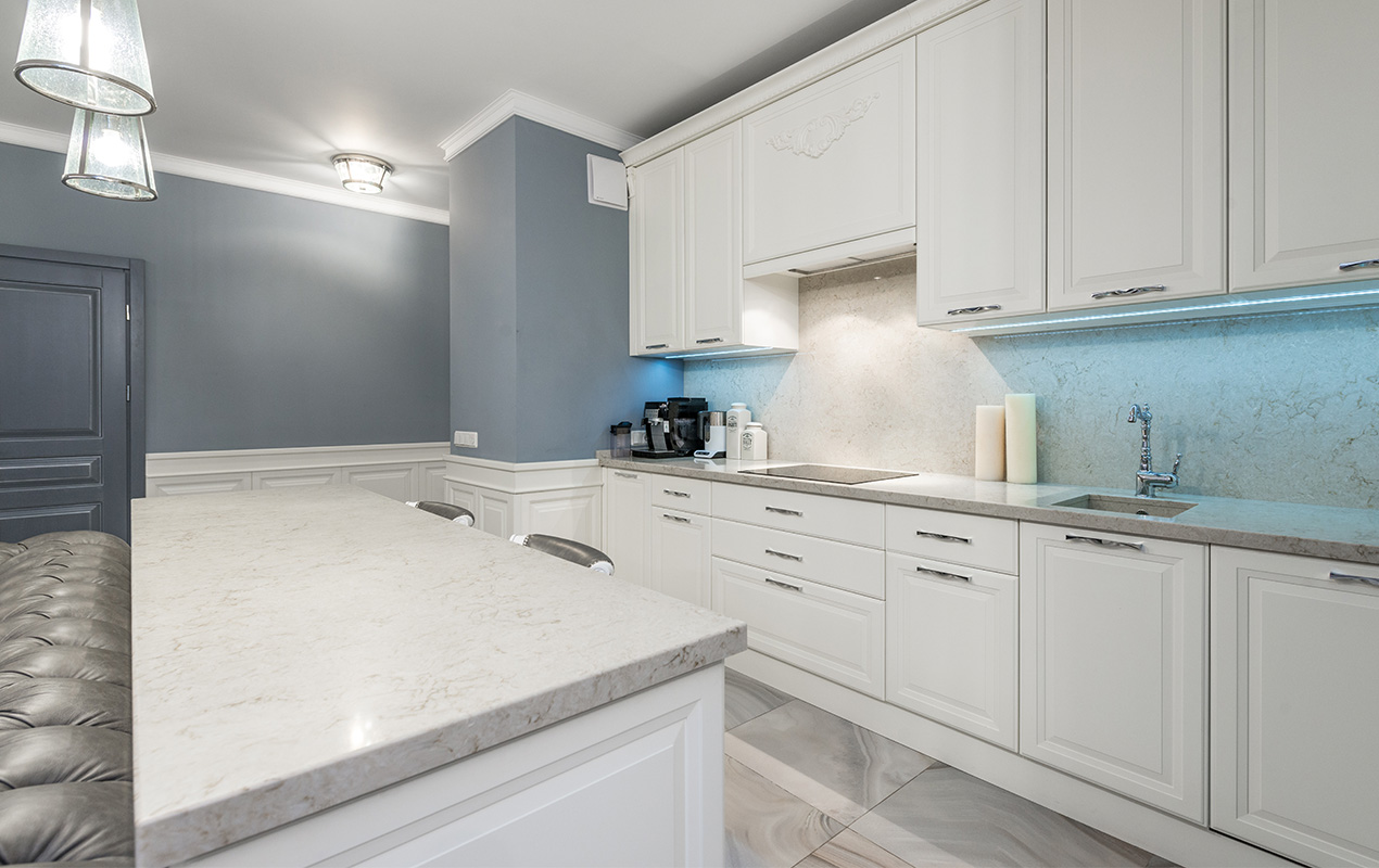 White and gray design with marble countertop by DeCasa Collections