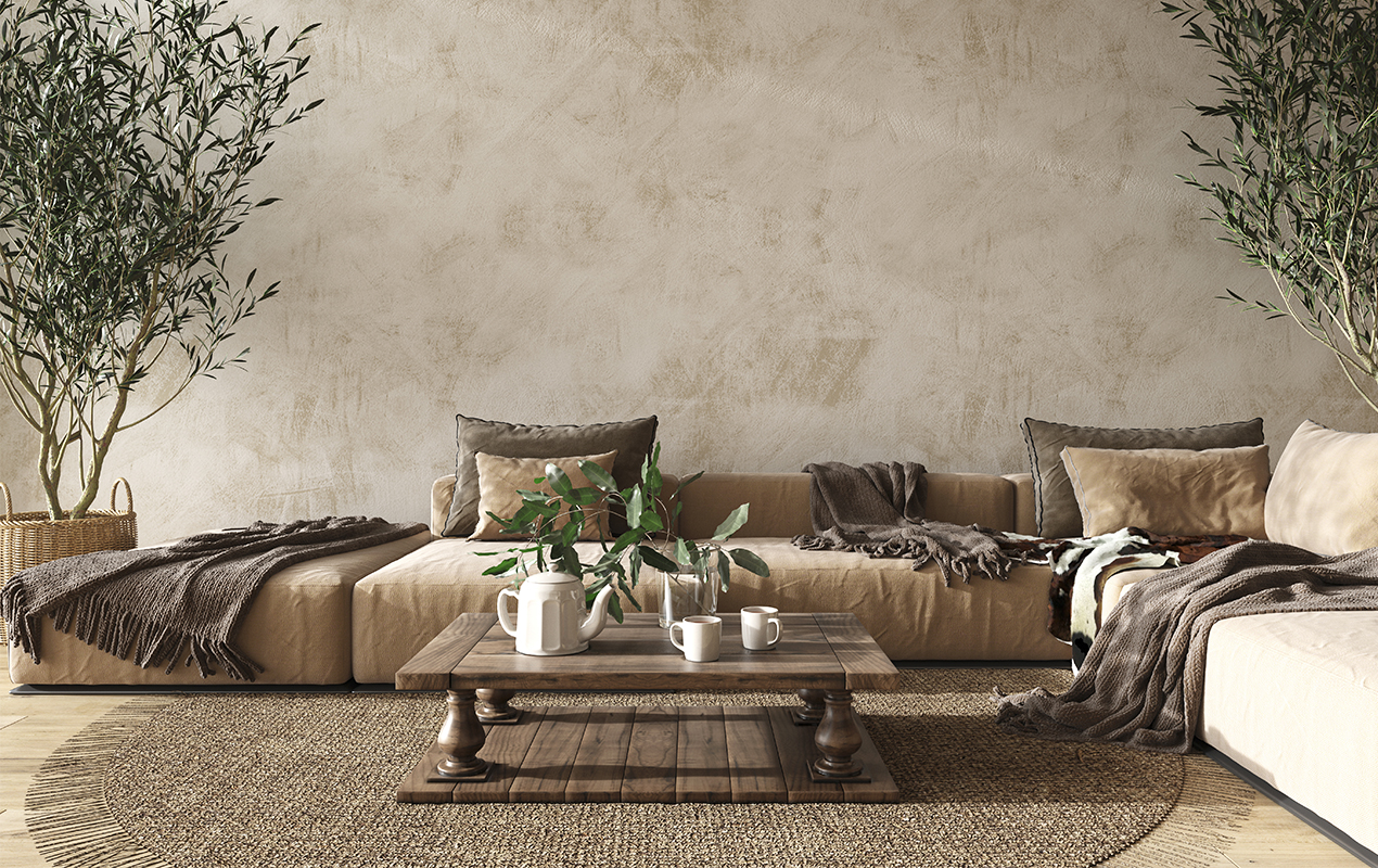 Farmhouse style living room interior with natural wooden furniture