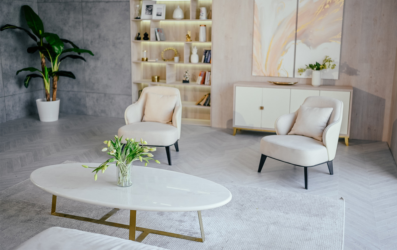 classic modern luxury white living room with marble table