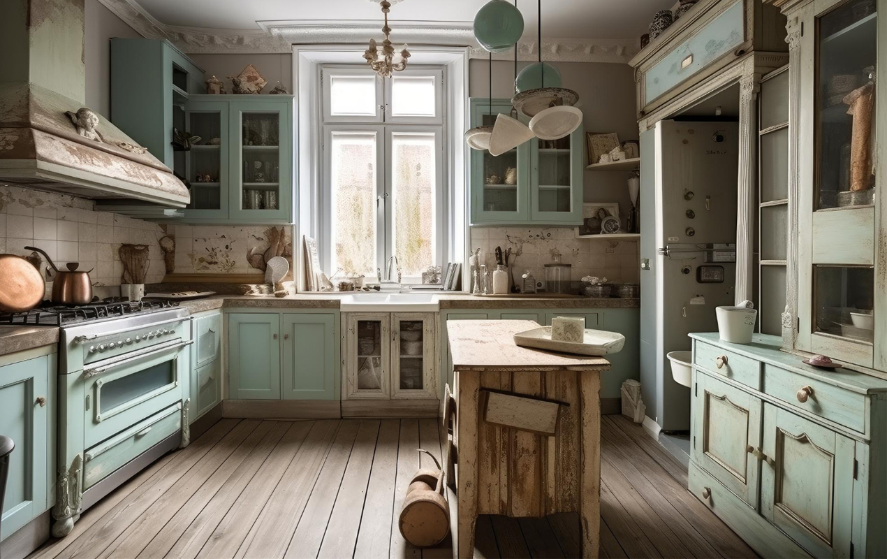 Shabby chic kitchen with flee market island by DeCasa Collections