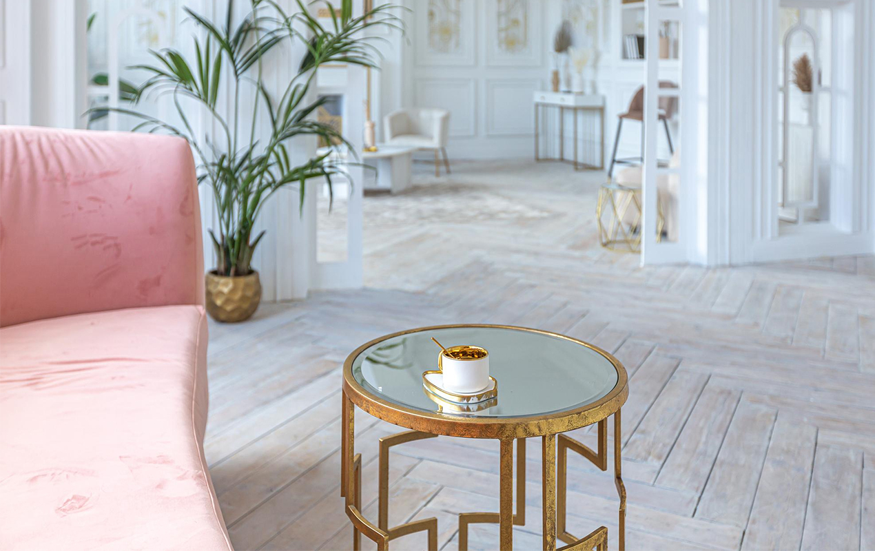 Small round gold coffee table glass surface