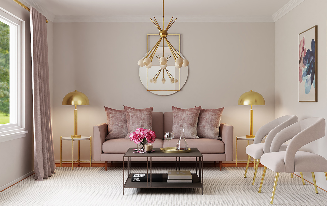 Living room design with gold lights and lamps
