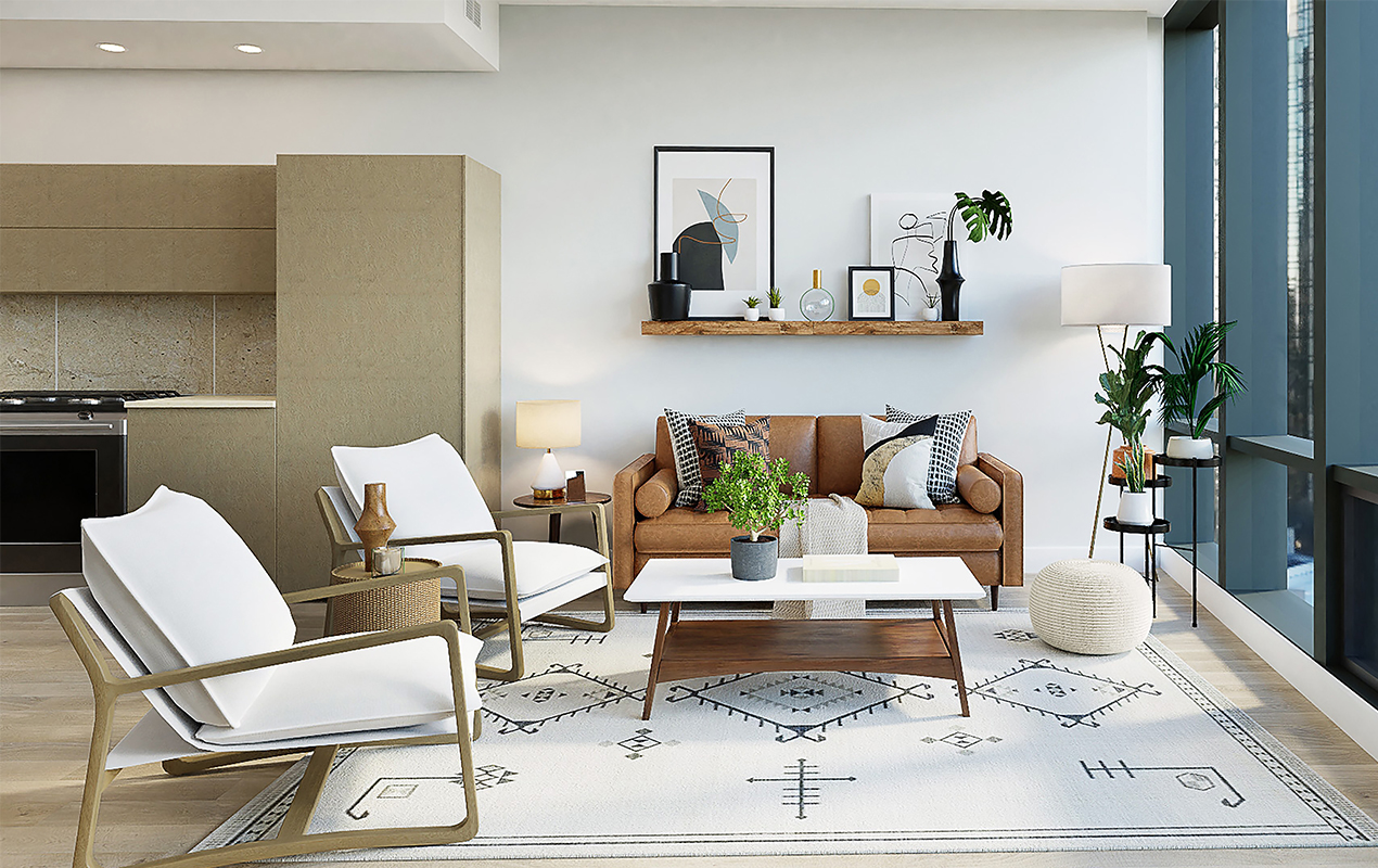 Living room with white & wood furniture and brown leather sofa