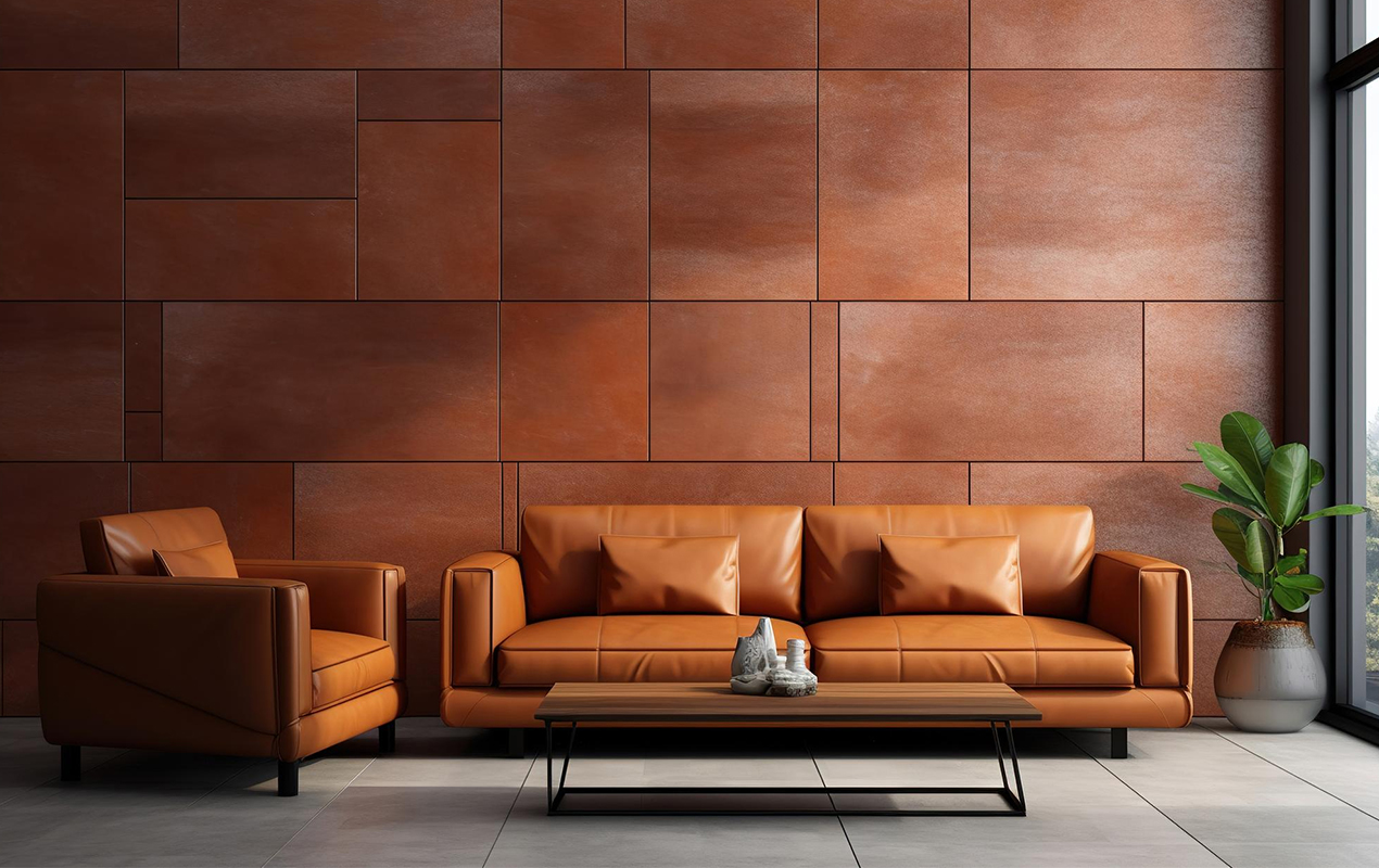 Terracotta leather sofa with stone tile wall