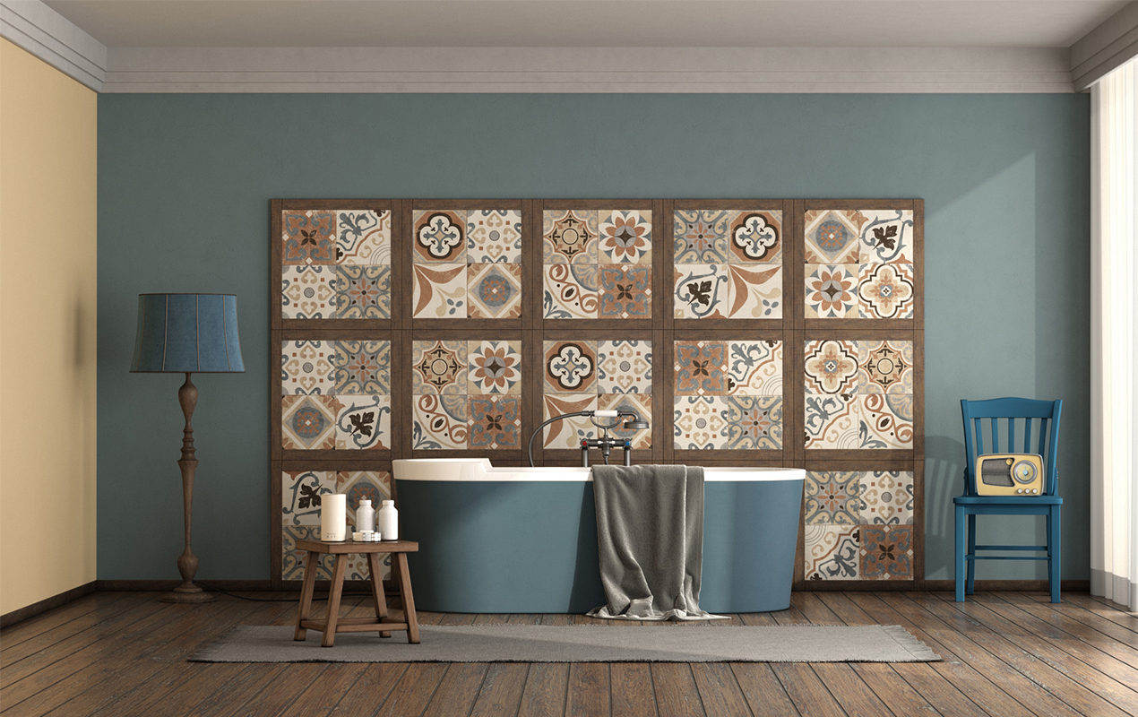 Vintage bathroom with blue bathtub 