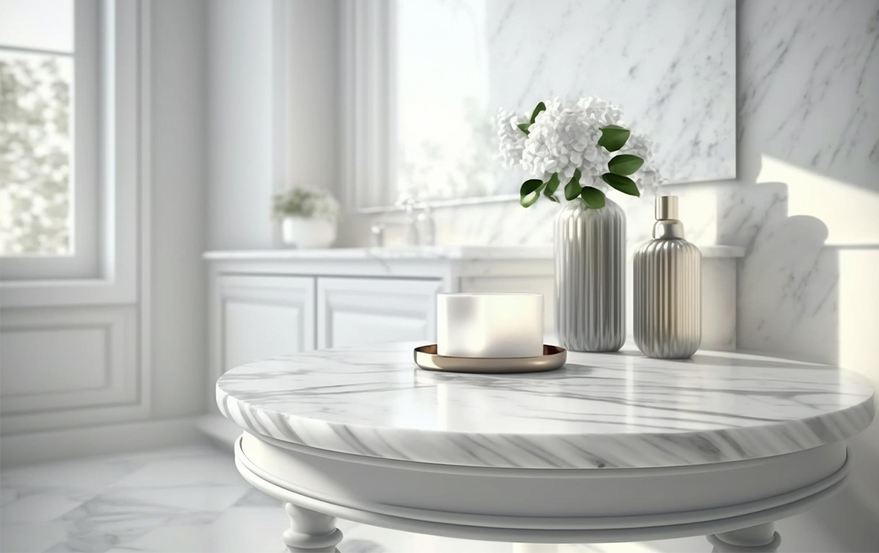 White marble table with vase flowers it