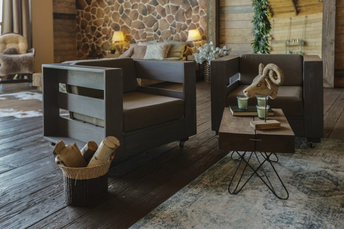 Rustic home interior with farmhouse coffee tables