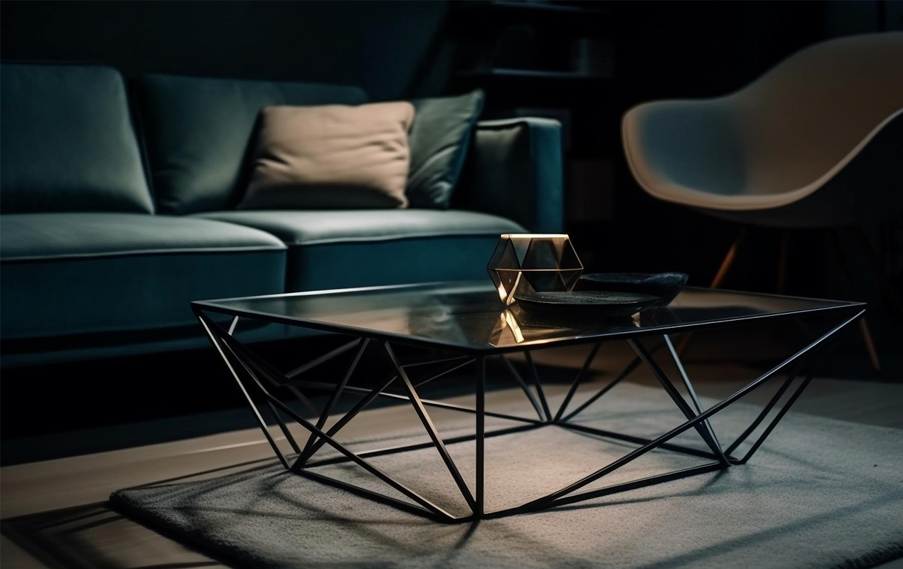 Dark living room with geometric accents