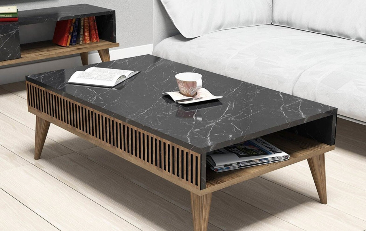 Marble coffee table with wooden legs