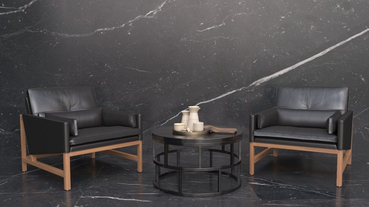 Black interior with metal coffee tables