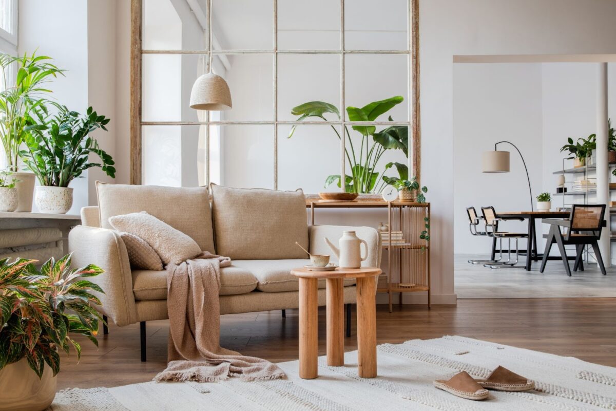 Neutral living room with wooden furniture