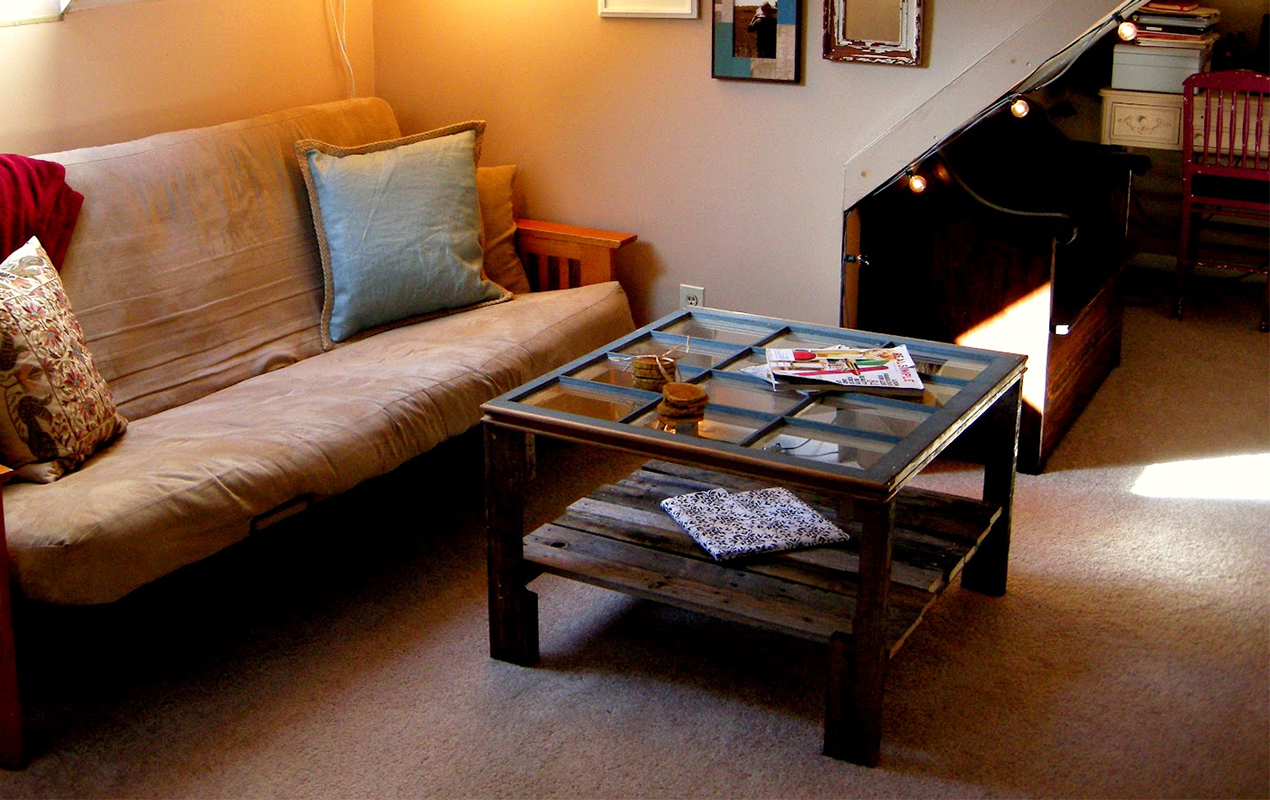 Repurposed glass window coffee table