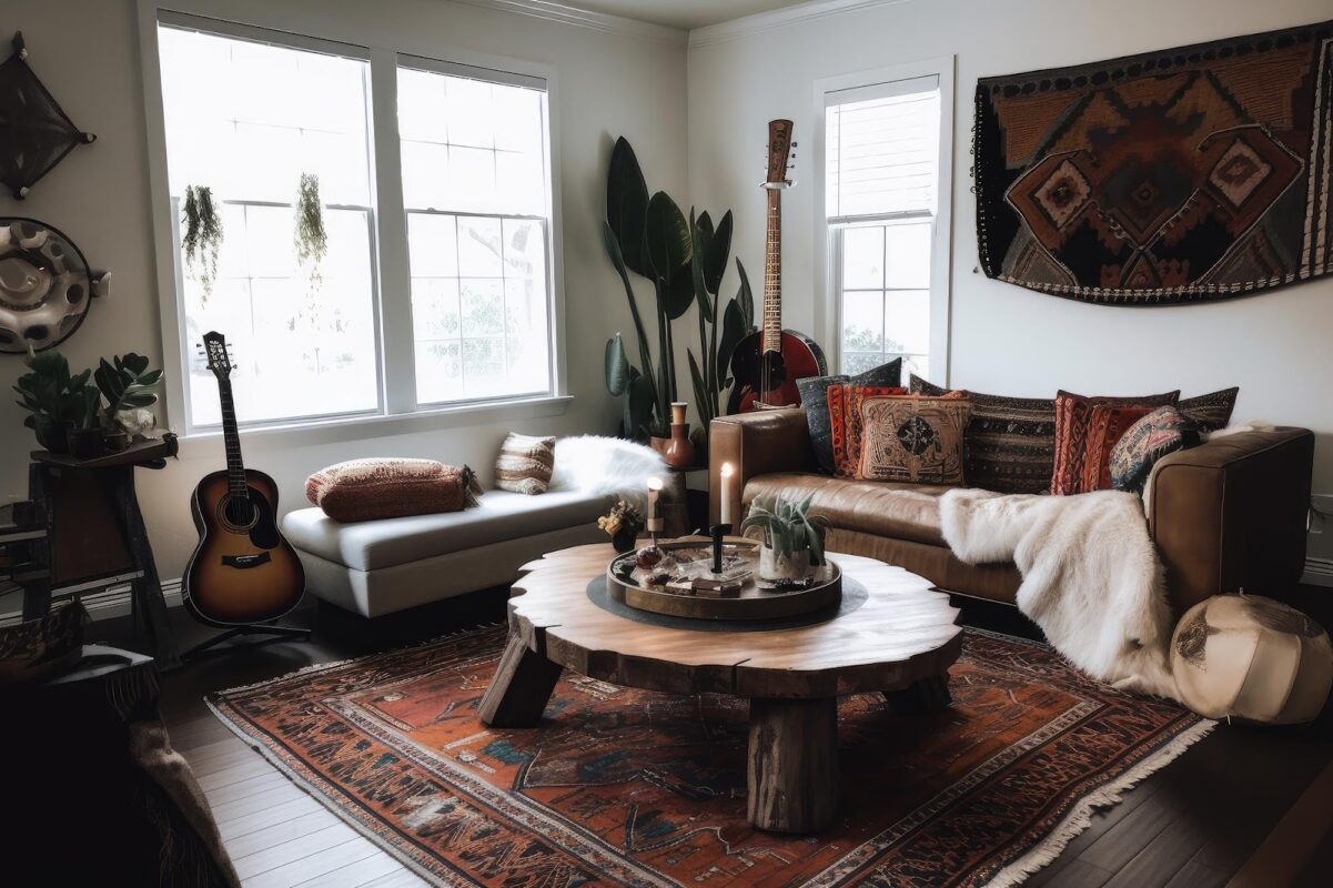 Boho living room with rustic furniture
