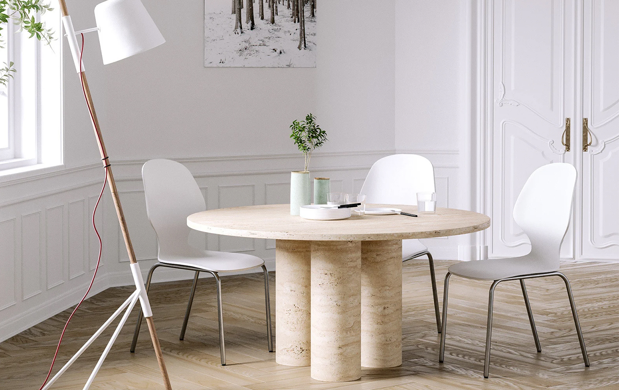 Dining area with white and neutral furnishings