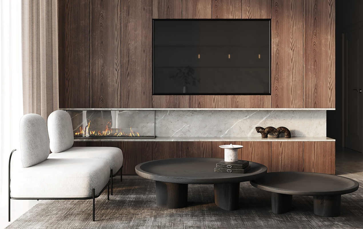 Home interior with minimal setting and black coffee table