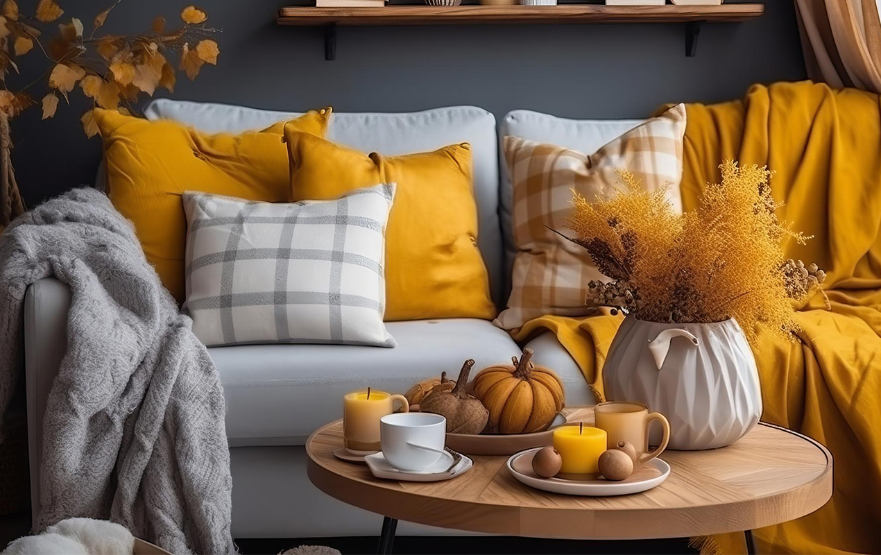 Living area with gray chair wooden coffee table