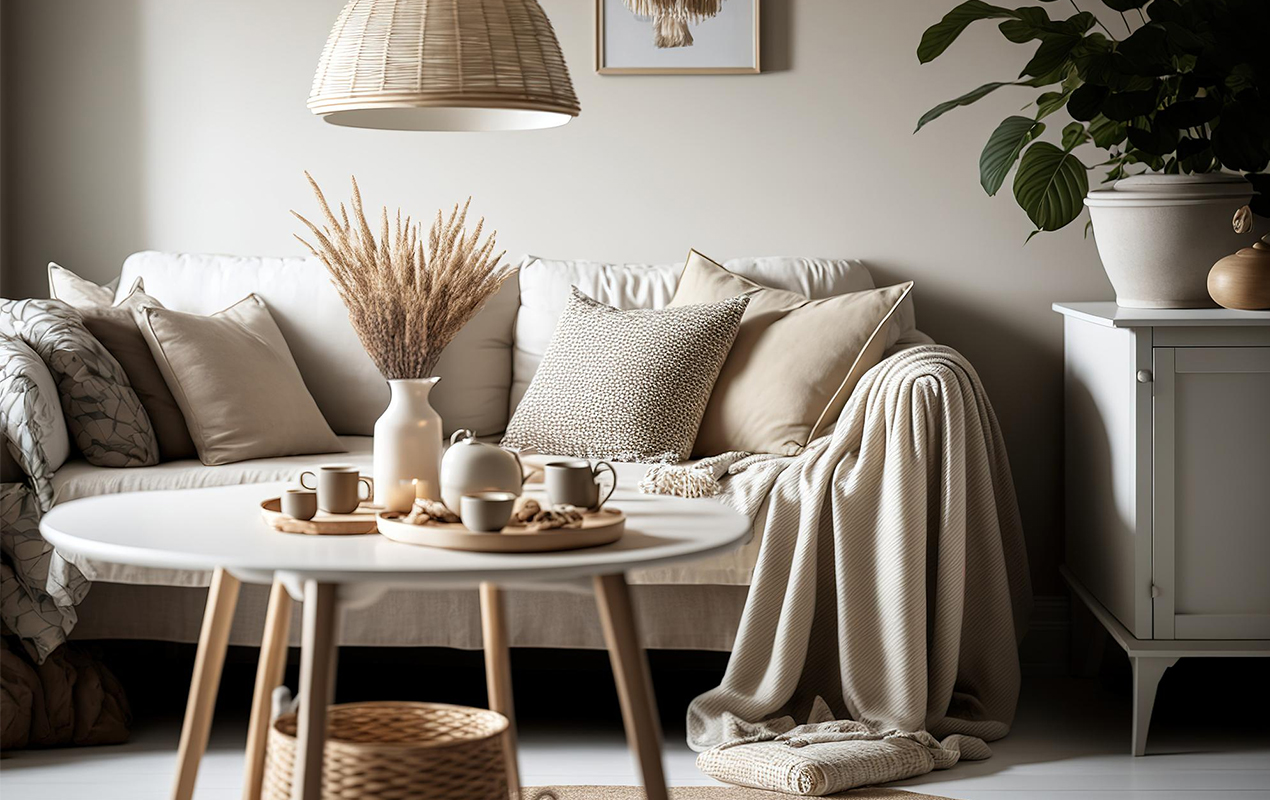 Beige living room with Farmhouse decor