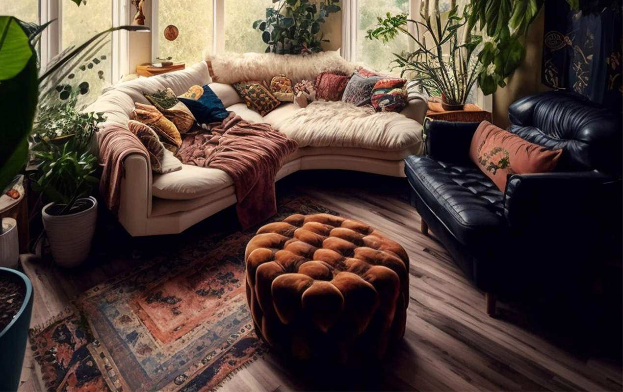 Rustic living room interior with Ottoman coffee table