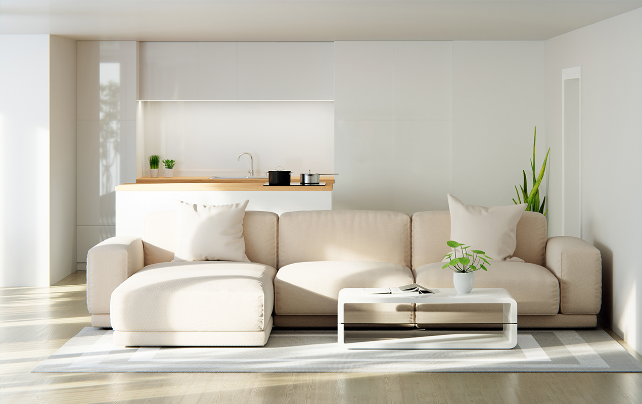 Brown sofa white living room with coffee table