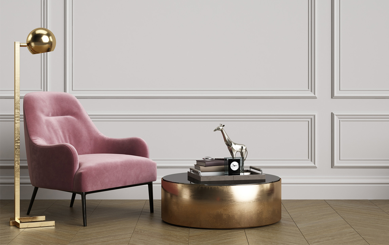 Classic interior with pink armchair floor lamp