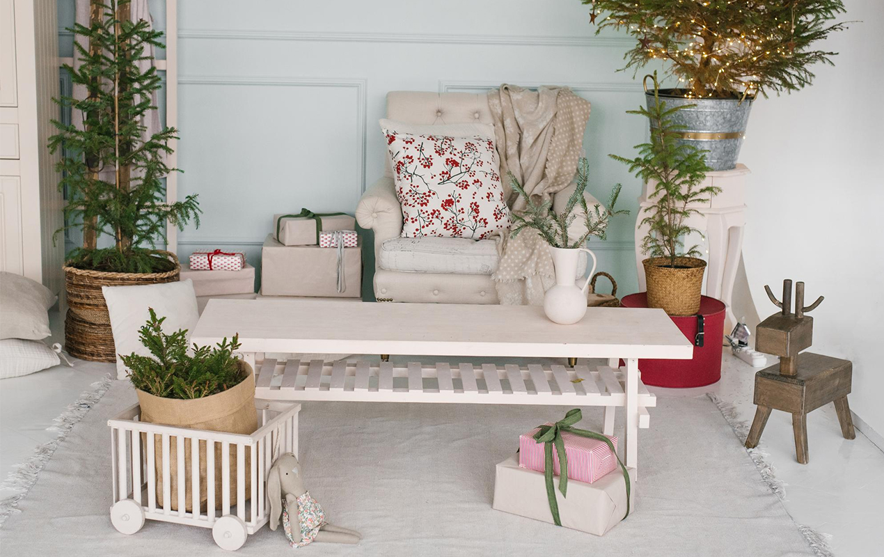 Farmhouse home setting with white coffee table and seating