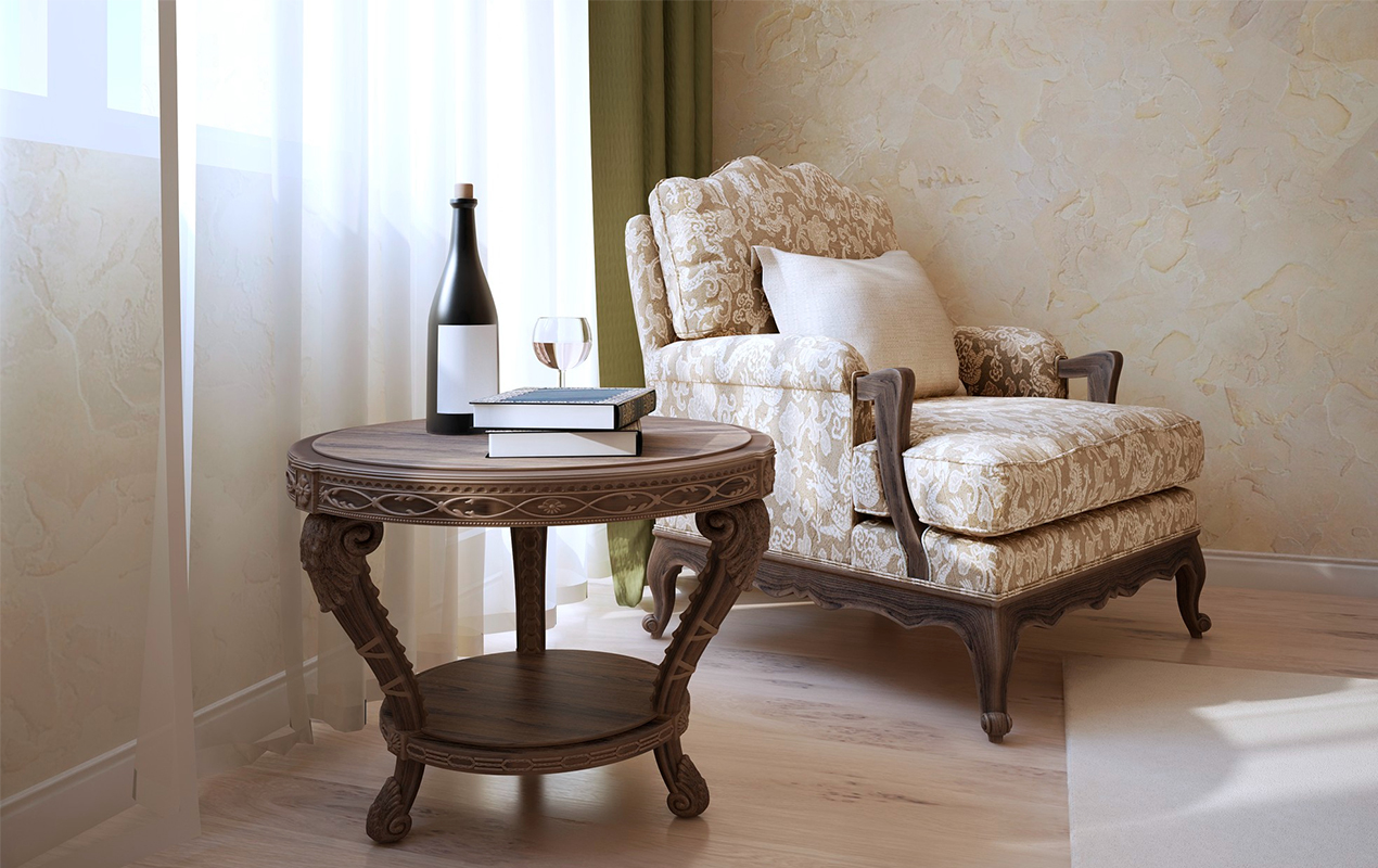 Coffee table armchair near window