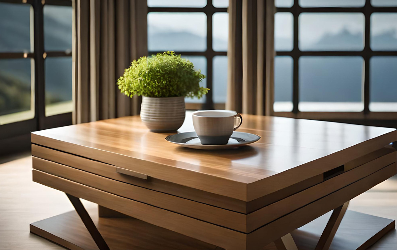 Coffee table with plant decor and coffee cup