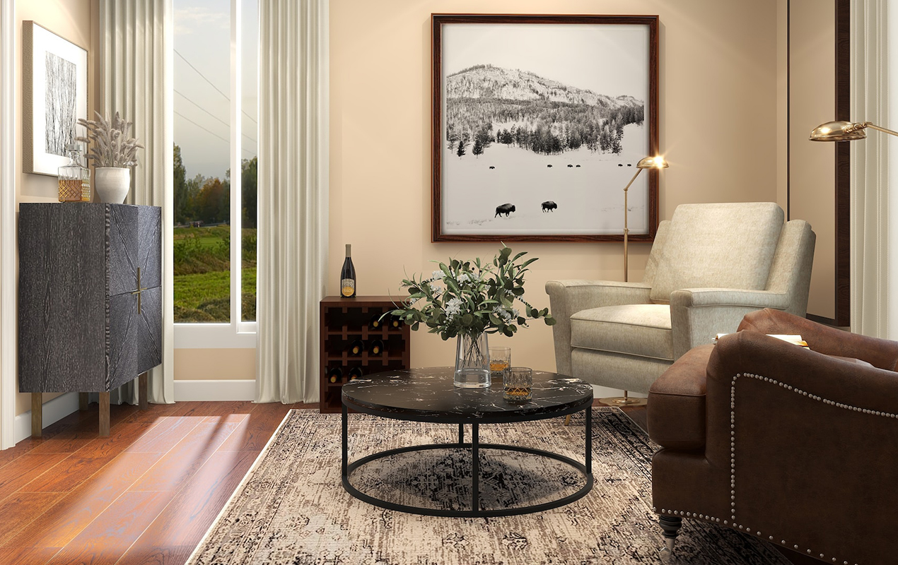 Living room decor with sofa chair coffee table and wall art