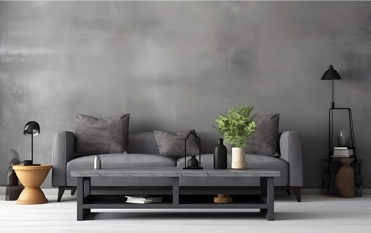 Minimal interior with black and gray rectangular coffee table