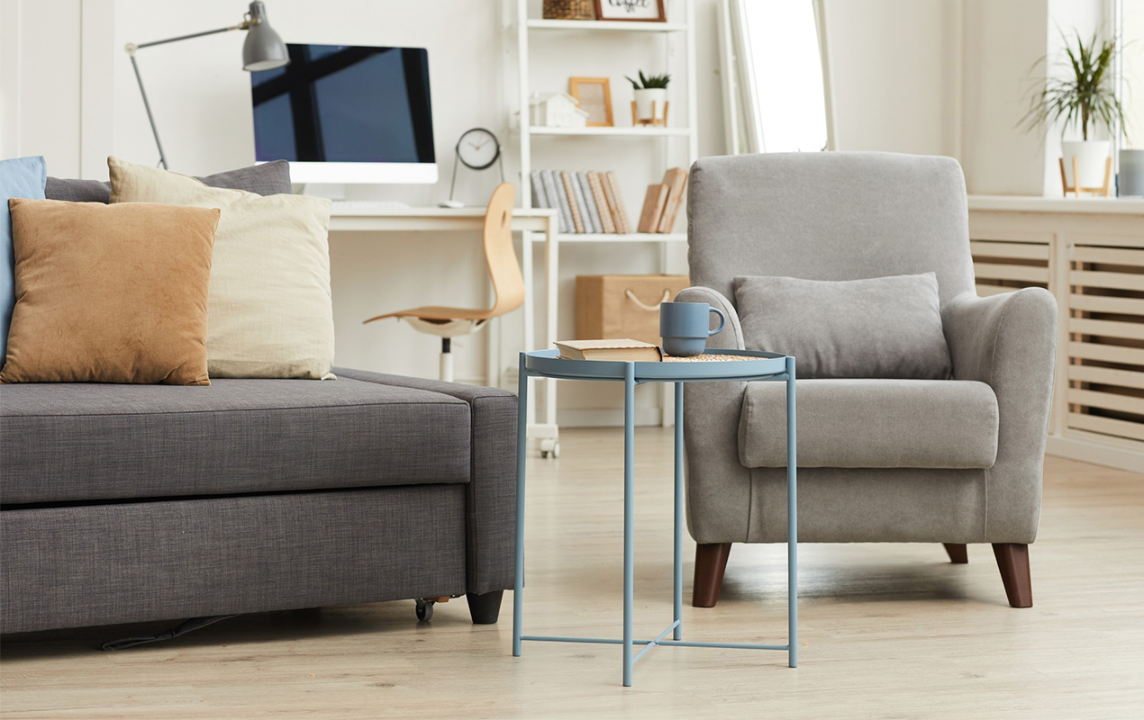 Cozy apartment interior with modern metal coffee table