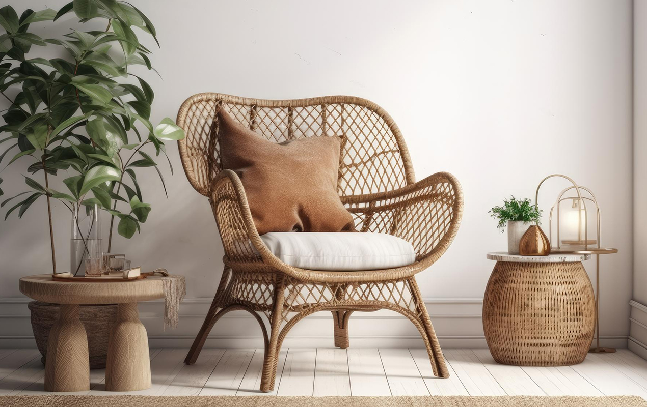 Cozy corner with wicker chair potted plant