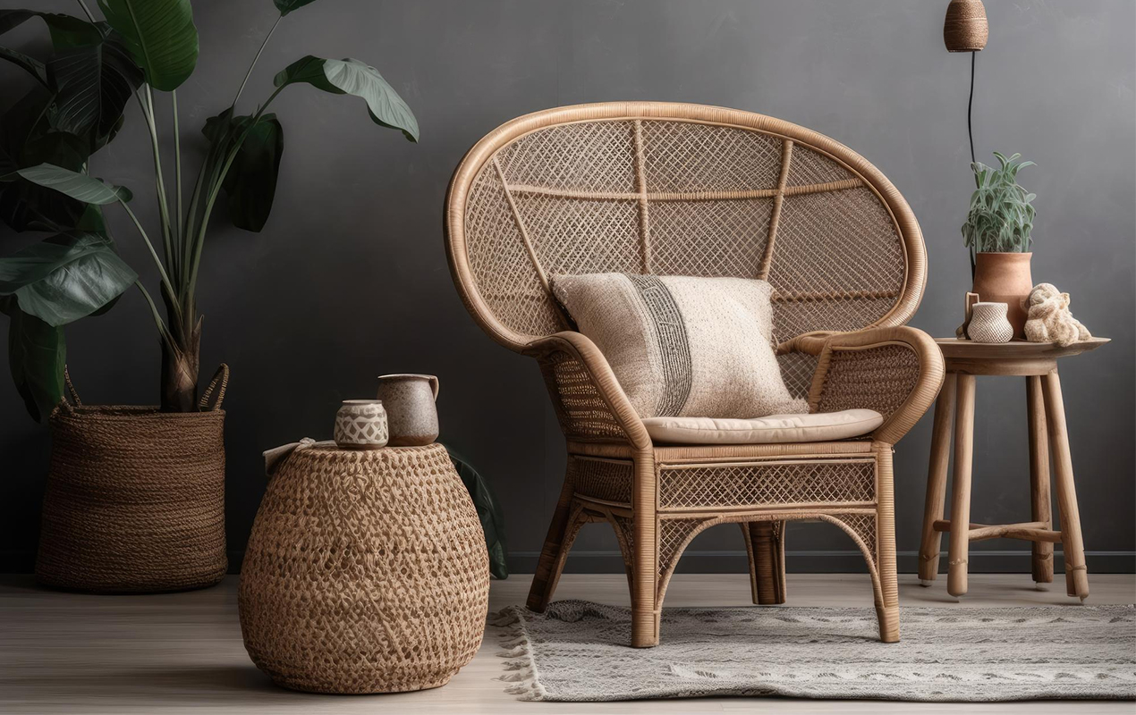 Living room with wicker chair and ottoman