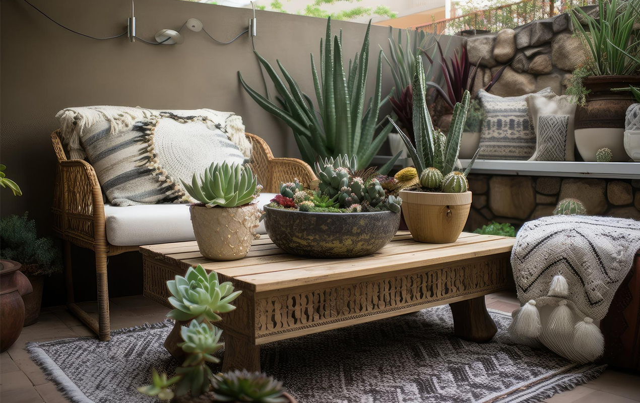 Cozy outdoor patio with succulent garden accessories