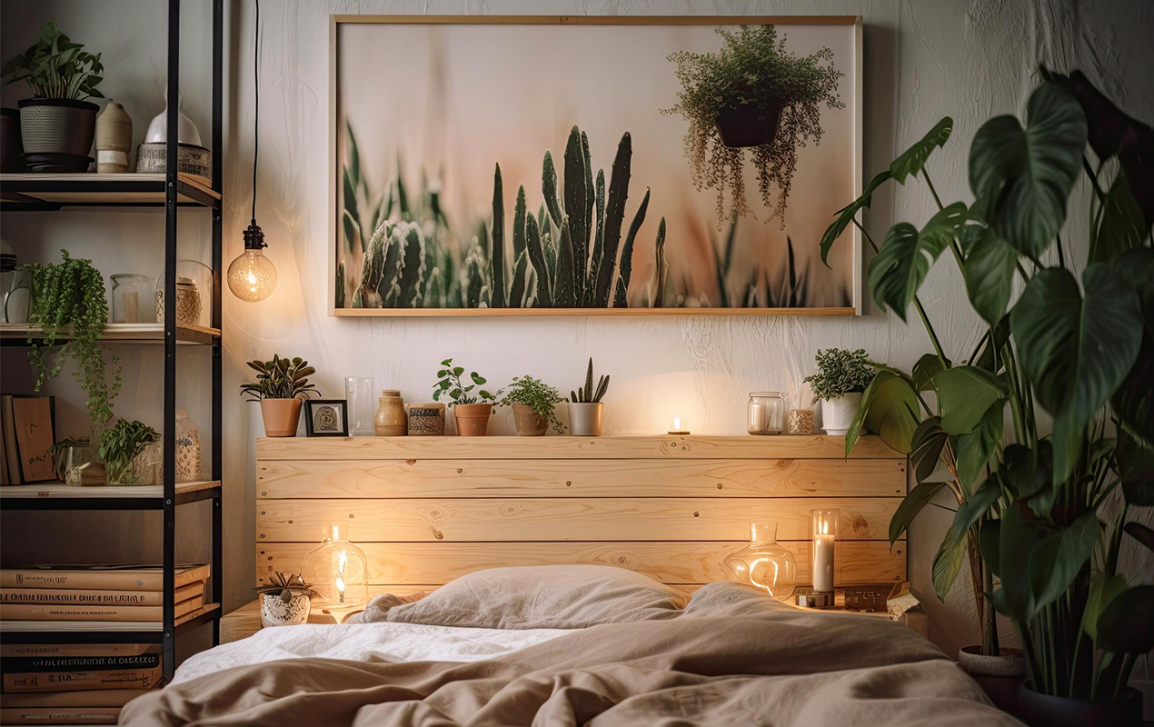 Cozy bedroom ideas with houseplants and lights