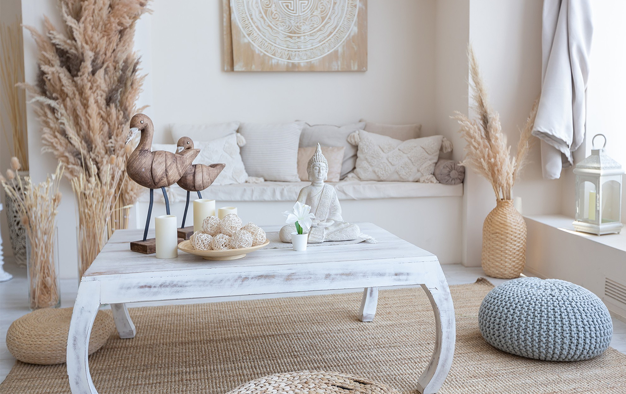 Interior room beige colors with wicker furniture