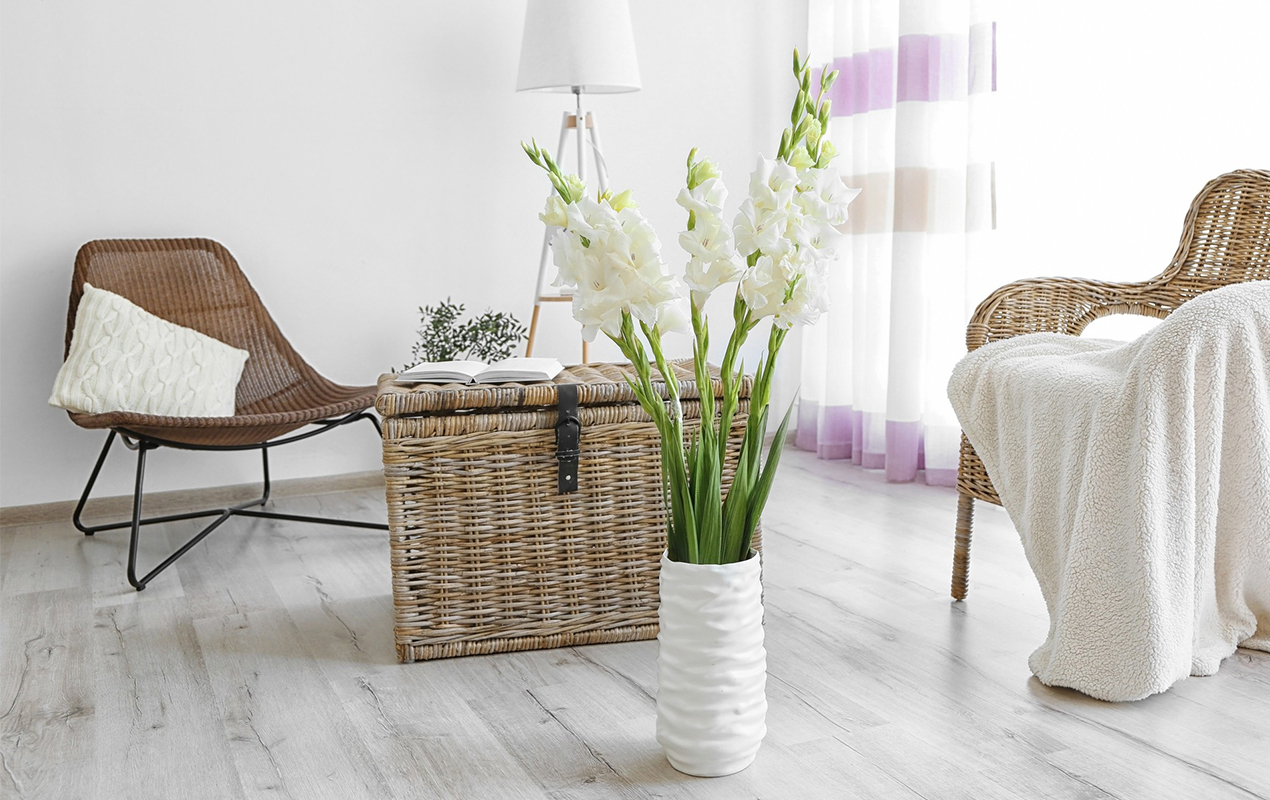 Decorated interior with bouquet flowers and vase