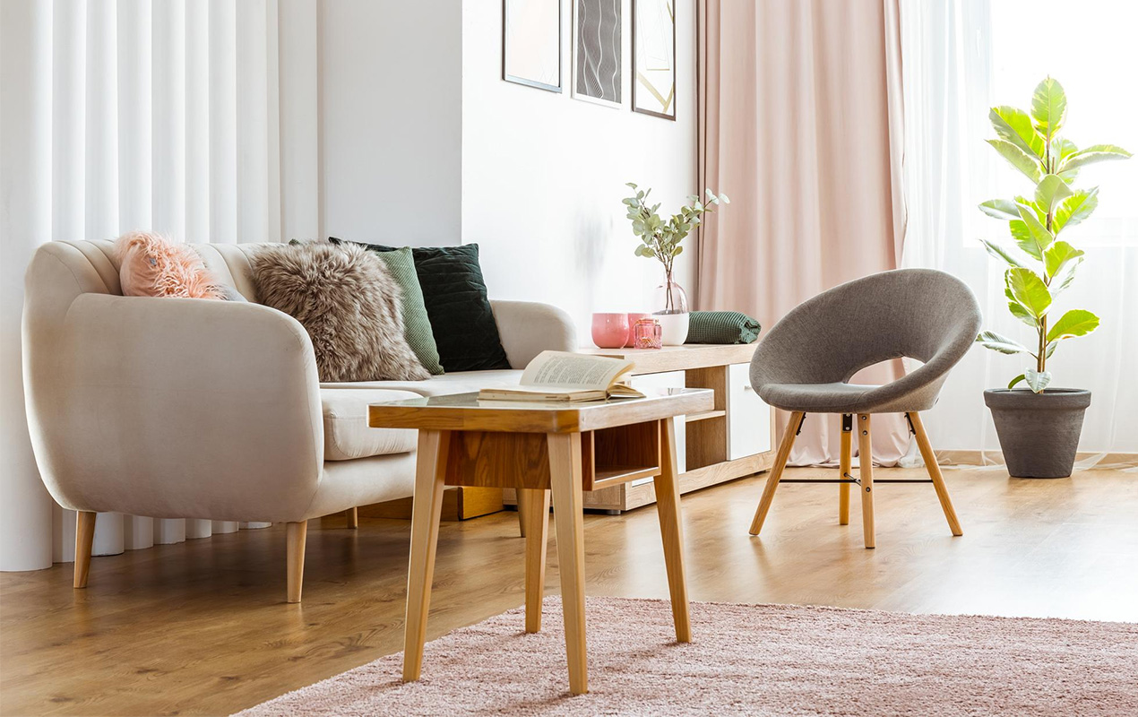 Home interior with wood coffee table