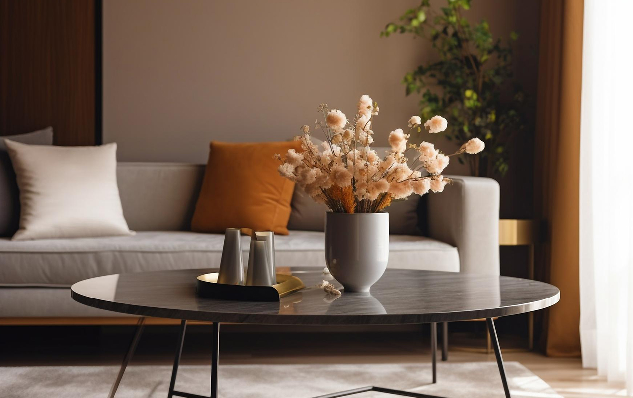 Chic living room with contemporary vase flowers coffee table