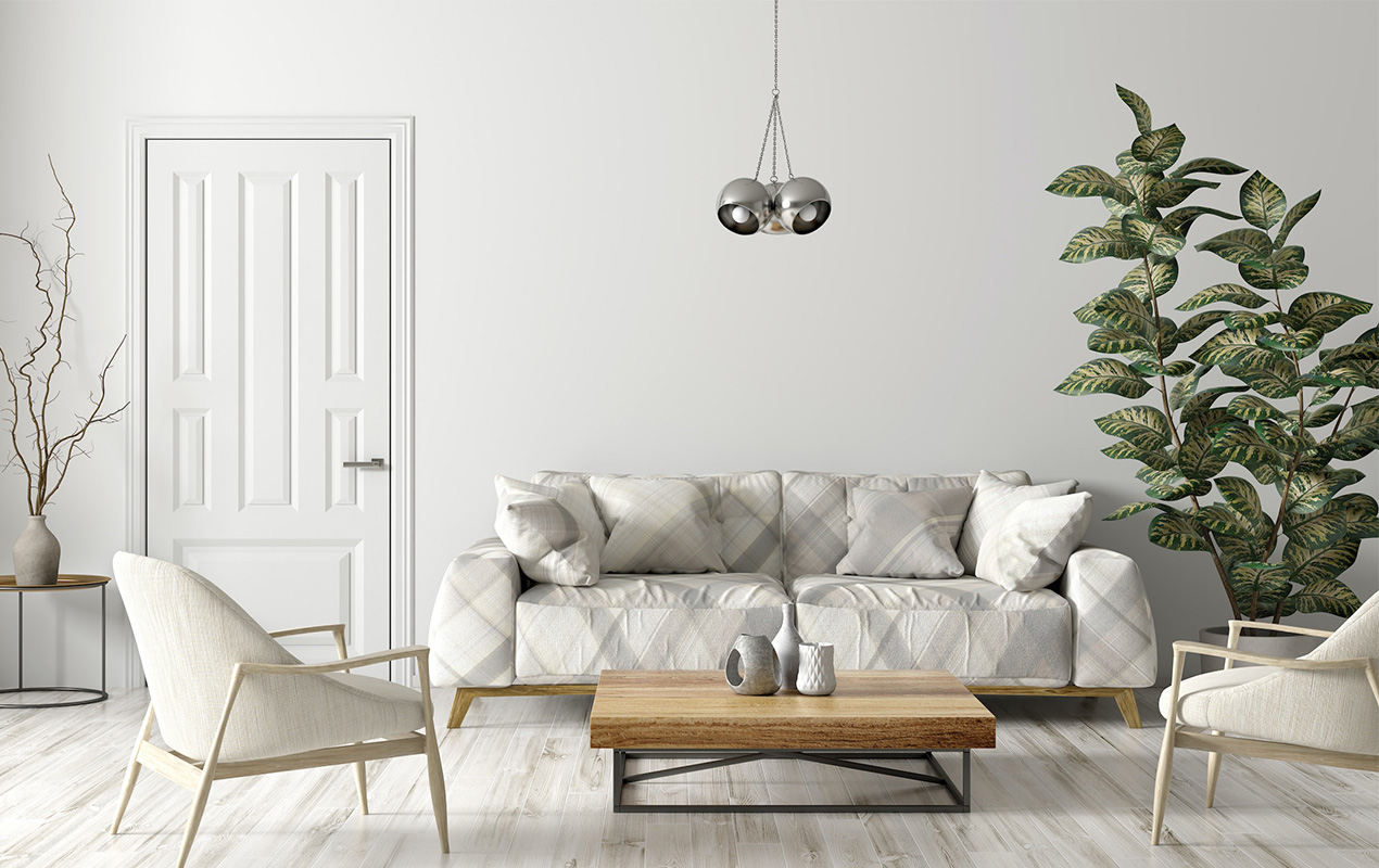 White living room interior with furniture and floor plant