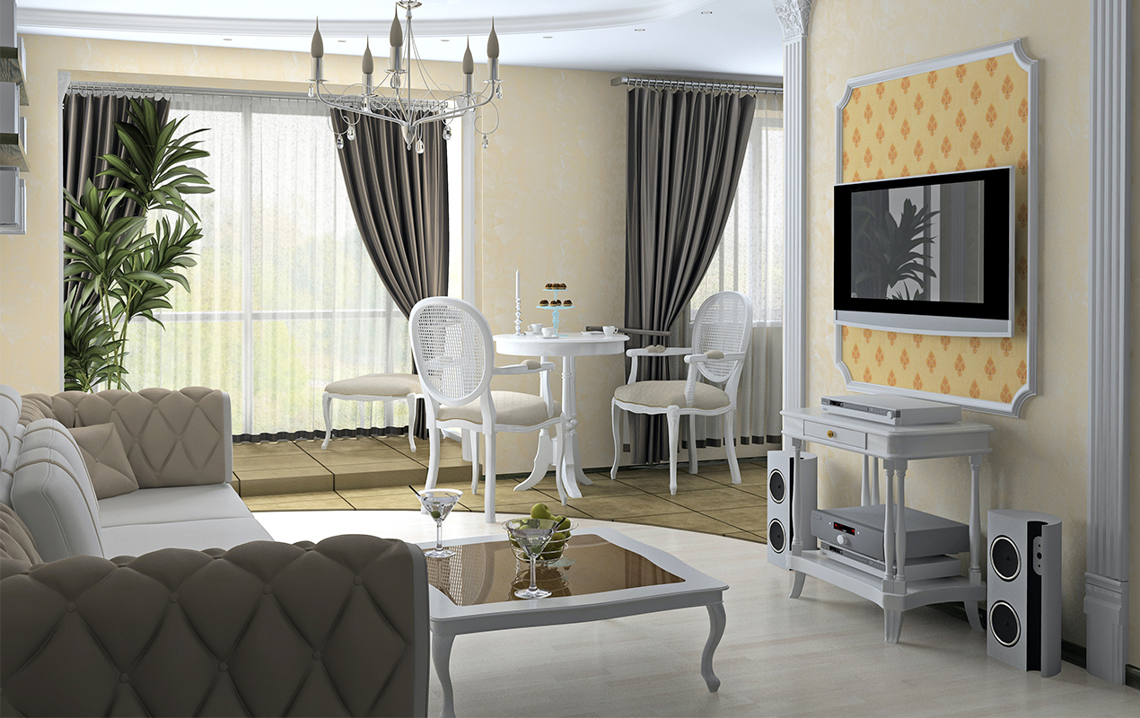 Living room with vintage white coffee table with glass tabletop
