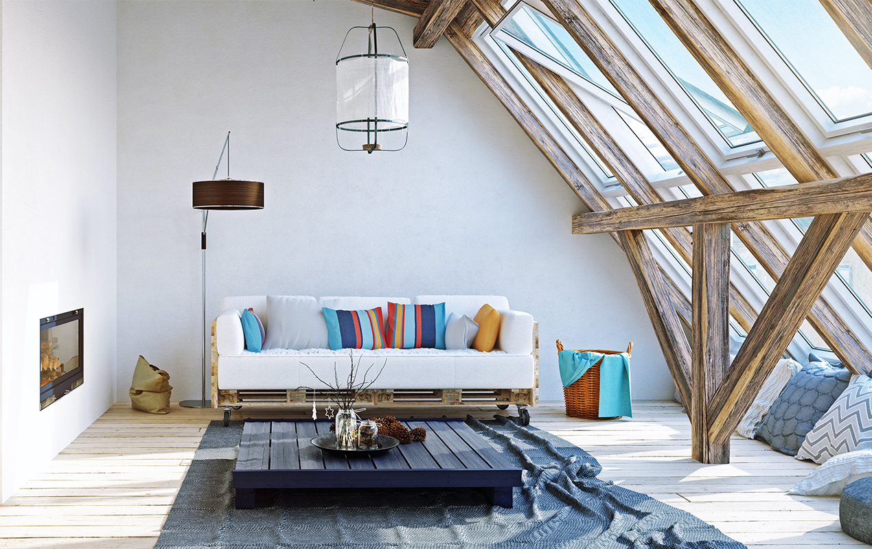 Rustic home interior with reclaimed wood coffee table